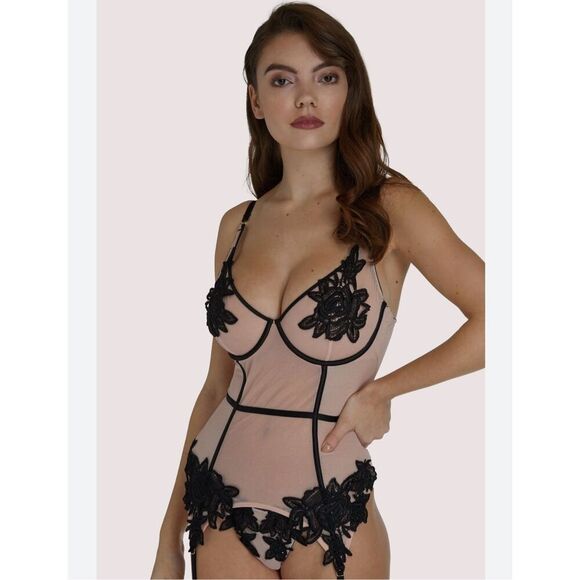 Hustler Women’s 36C Brooke Black Applique Basque Lingerie Bodysuit - Picture 1 of 9
